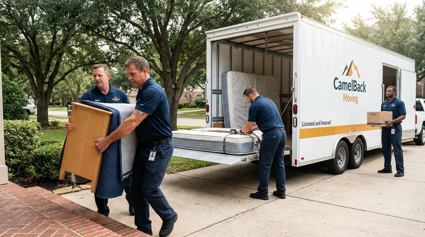 Crew loading residential truck for cross-state move from Griggsville, IL