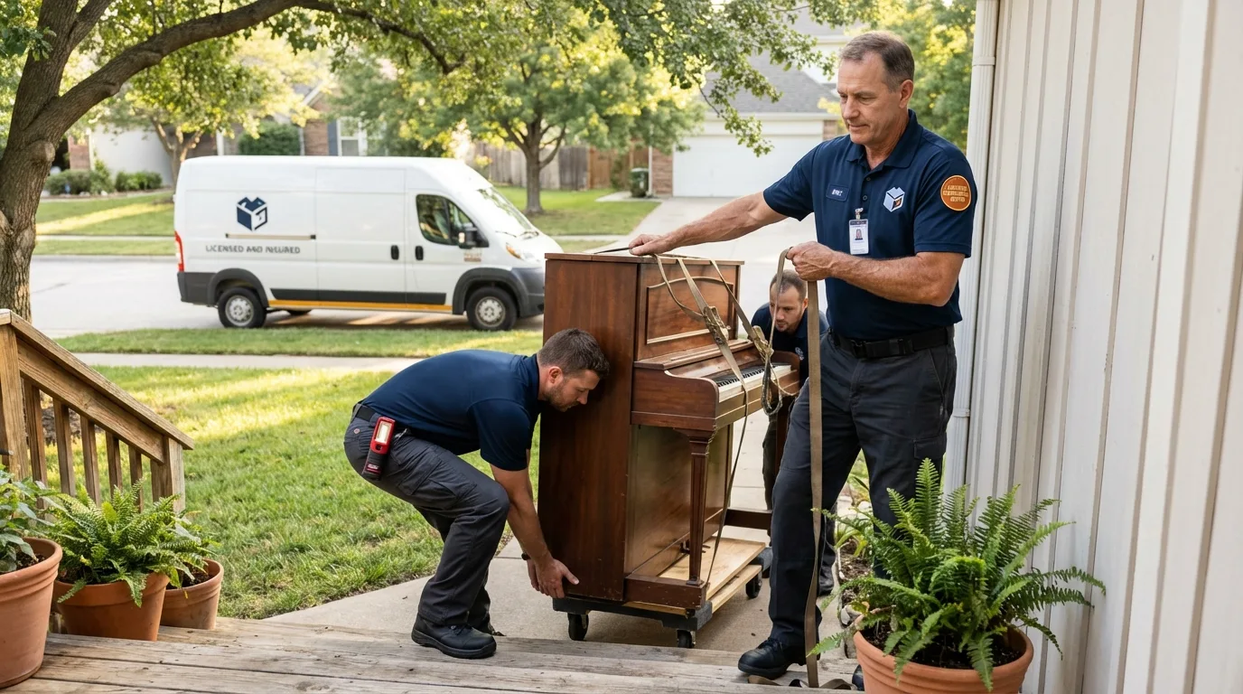 Licensed piano movers securing grand piano in Griggsville, IL