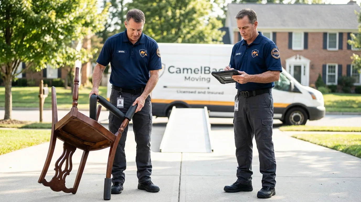 Movers inspecting furniture for damage prevention before loading in Griggsville, IL