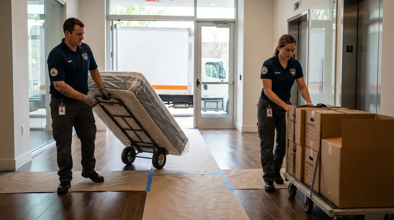 Professional apartment movers loading elevator in Griggsville, IL