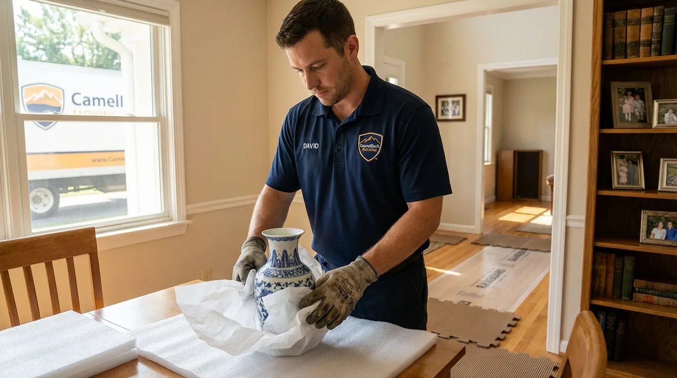 Professional crew carefully wrapping antique vase for senior downsizing move in Griggsville, IL
